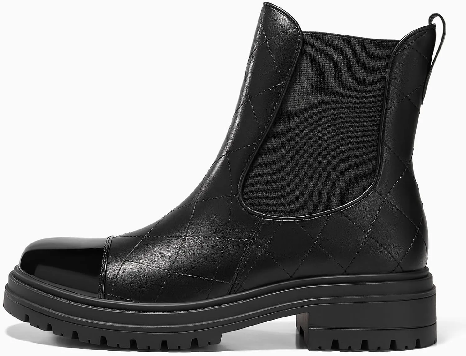 Coutgo Womens Platform Chelsea Boots Low Heel Lug Sole Ankle Booties Quilted Two Tone Pull on Winter Shoes