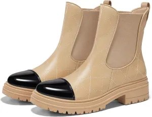 Coutgo Womens Platform Chelsea Boots Low Heel Lug Sole Ankle Booties Quilted Two Tone Pull on Winter Shoes