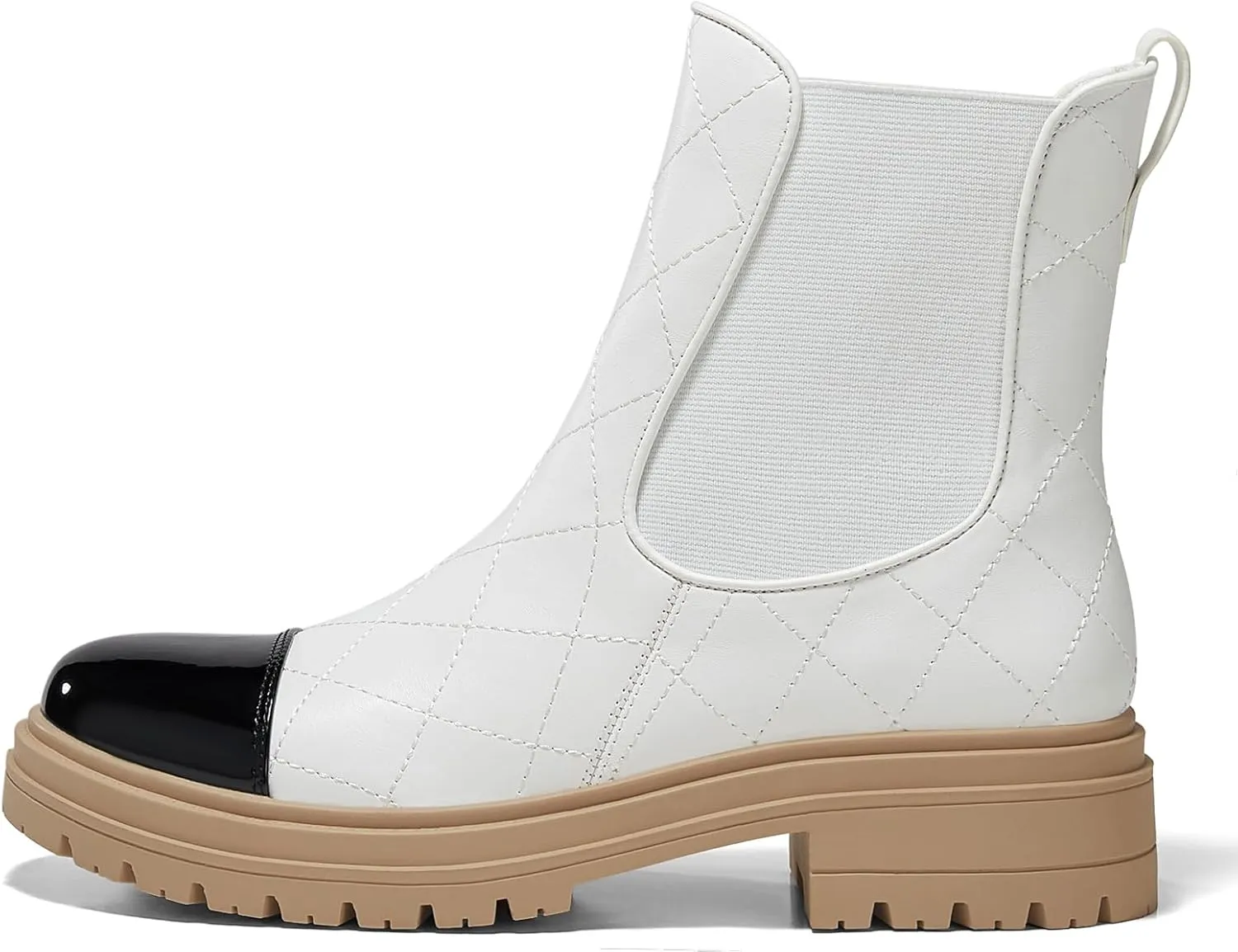 Coutgo Womens Platform Chelsea Boots Low Heel Lug Sole Ankle Booties Quilted Two Tone Pull on Winter Shoes