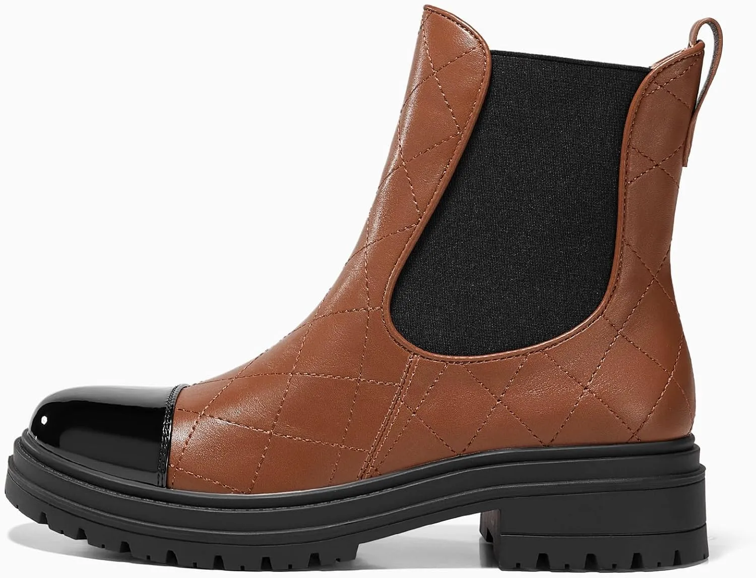 Coutgo Womens Platform Chelsea Boots Low Heel Lug Sole Ankle Booties Quilted Two Tone Pull on Winter Shoes