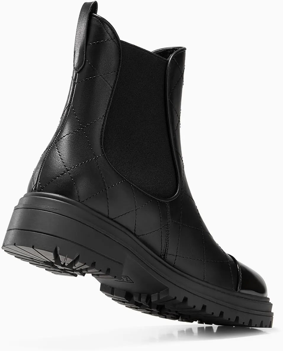 Coutgo Womens Platform Chelsea Boots Low Heel Lug Sole Ankle Booties Quilted Two Tone Pull on Winter Shoes