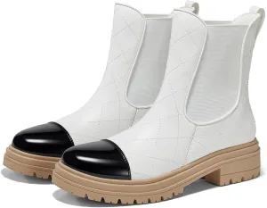 Coutgo Womens Platform Chelsea Boots Low Heel Lug Sole Ankle Booties Quilted Two Tone Pull on Winter Shoes