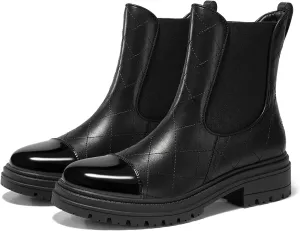 Coutgo Womens Platform Chelsea Boots Low Heel Lug Sole Ankle Booties Quilted Two Tone Pull on Winter Shoes