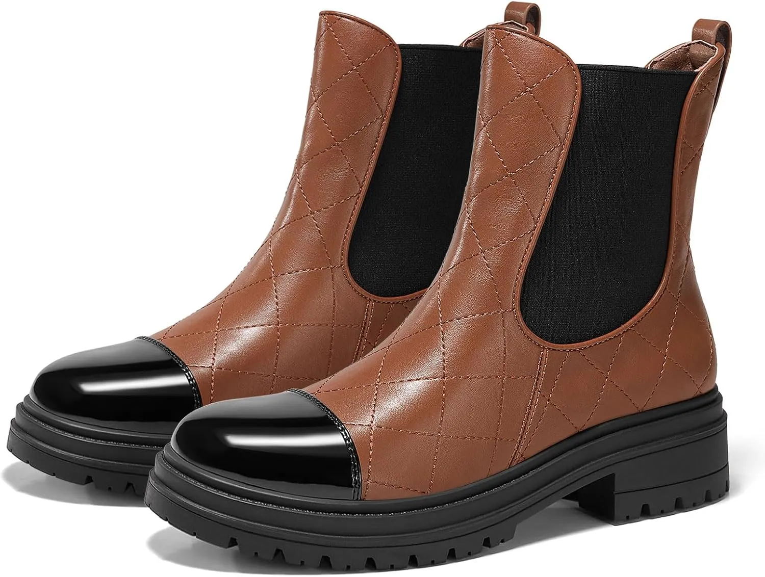 Coutgo Womens Platform Chelsea Boots Low Heel Lug Sole Ankle Booties Quilted Two Tone Pull on Winter Shoes