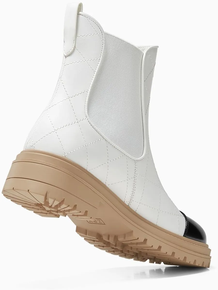 Coutgo Womens Platform Chelsea Boots Low Heel Lug Sole Ankle Booties Quilted Two Tone Pull on Winter Shoes