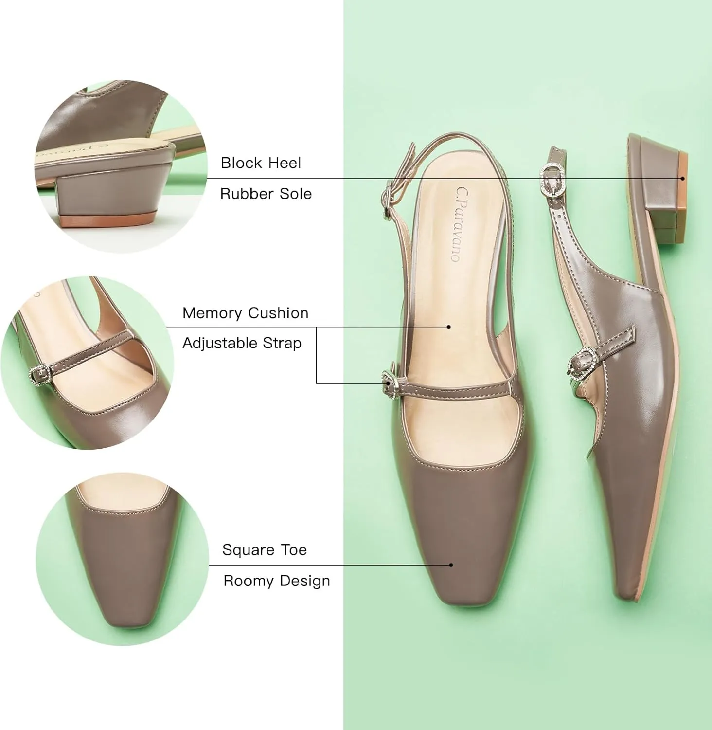 C.Paravano Women's Slingback Sandals Small Square Toe Slingbacks Flats Closed Block Heels Adjustable Strap Slip on Slingbacks