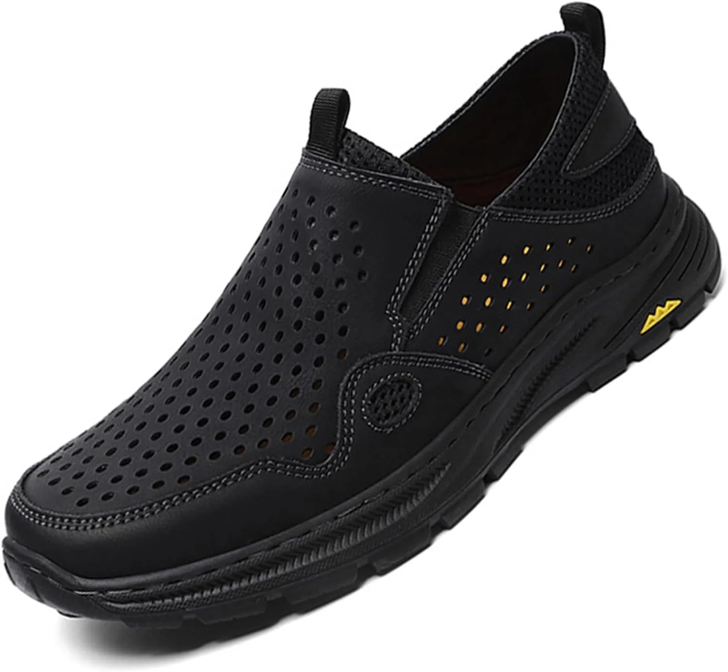 Crepuscute Men's Hollow-Out Leather Flat Sandals Breathable Comfortable Slip-On Sports Running Shoes Summer Outdoor Beach Sandals