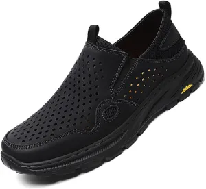 Crepuscute Men's Hollow-Out Leather Flat Sandals Breathable Comfortable Slip-On Sports Running Shoes Summer Outdoor Beach Sandals