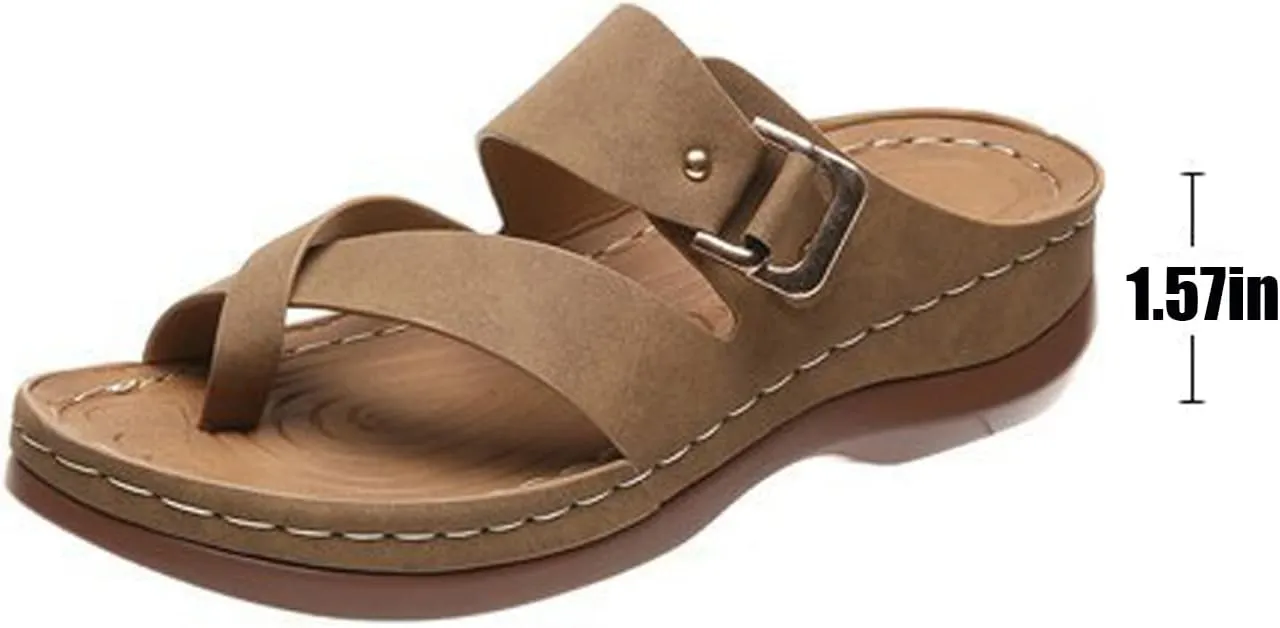 Cubicbee Women's Summer Arch Support Casual Leather Sandals Retro Comfortable Ring Toe Belt Buckle Wedge Flat Beach Sandals Walking Shoes