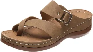 Cubicbee Women's Summer Arch Support Casual Leather Sandals Retro Comfortable Ring Toe Belt Buckle Wedge Flat Beach Sandals Walking Shoes