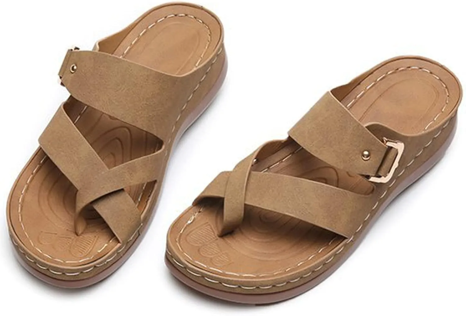 Cubicbee Women's Summer Arch Support Casual Leather Sandals Retro Comfortable Ring Toe Belt Buckle Wedge Flat Beach Sandals Walking Shoes