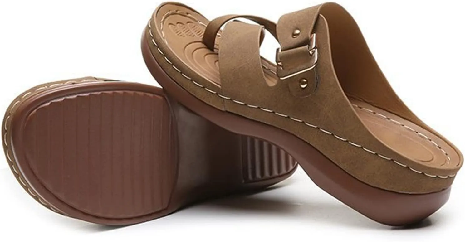 Cubicbee Women's Summer Arch Support Casual Leather Sandals Retro Comfortable Ring Toe Belt Buckle Wedge Flat Beach Sandals Walking Shoes