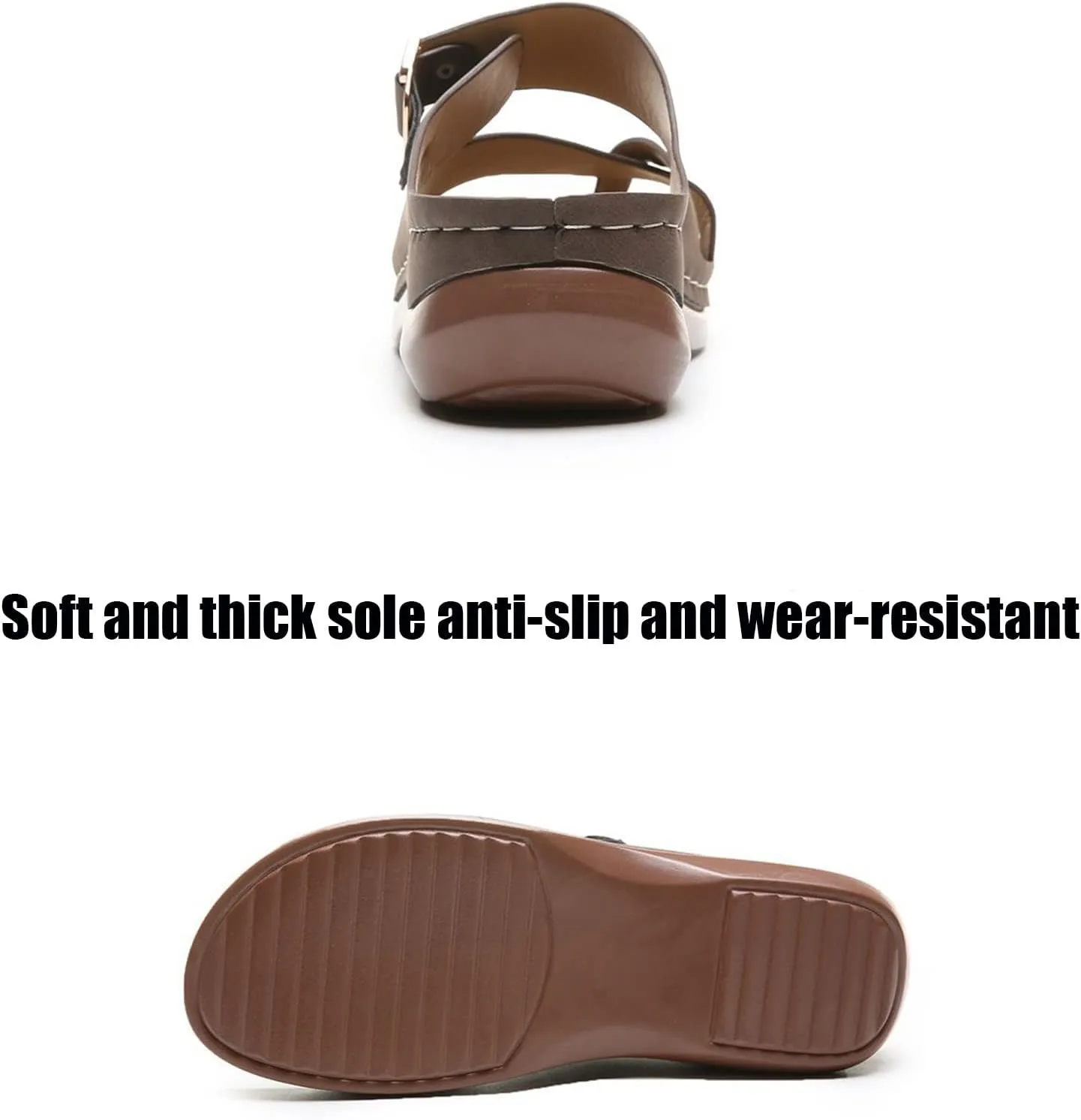 Cubicbee Women's Summer Arch Support Casual Leather Sandals Retro Comfortable Ring Toe Belt Buckle Wedge Flat Beach Sandals Walking Shoes