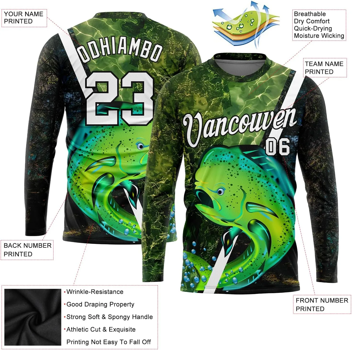 Custom Novelty Fishing Shirt for Men Teens, Long Sleeve Graphic Tees Football Jersey Tops Printed Name/Number