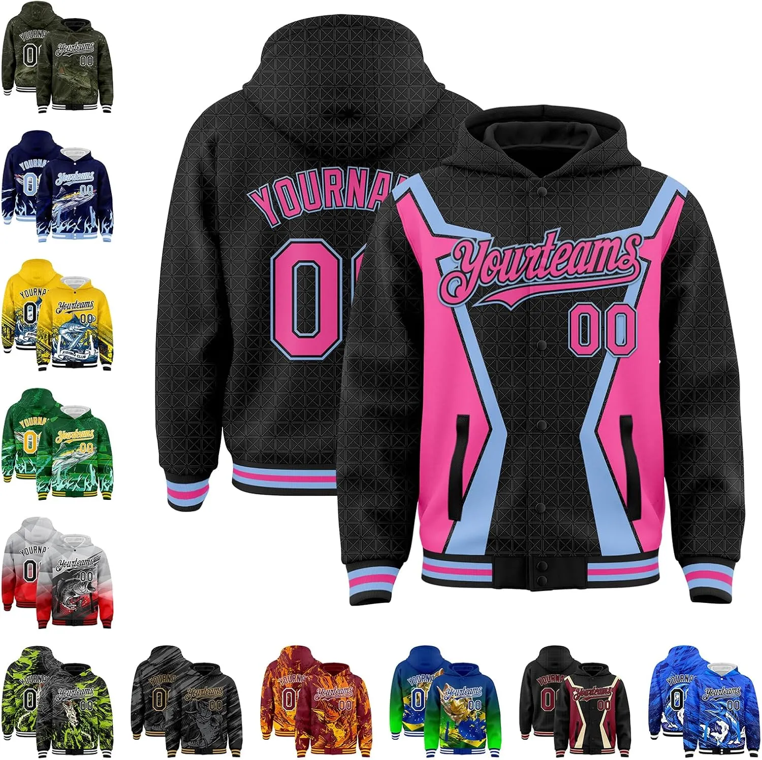 Custom Varsity Hooded Jacket Men Casual Graphic Baseball Letterman Bomber Coats with Stitched Name/Number/Logo