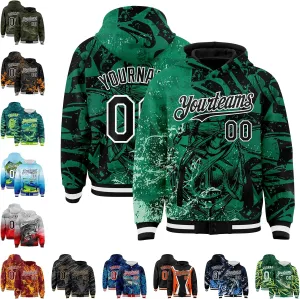 Custom Varsity Hooded Jacket Men Casual Graphic Baseball Letterman Bomber Coats with Stitched Name/Number/Logo