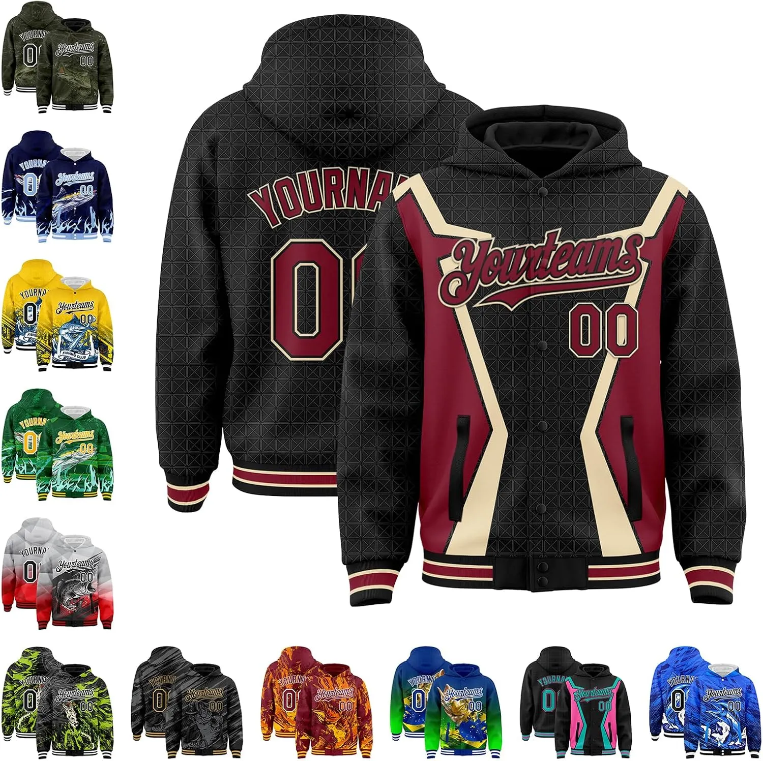 Custom Varsity Hooded Jacket Men Casual Graphic Baseball Letterman Bomber Coats with Stitched Name/Number/Logo