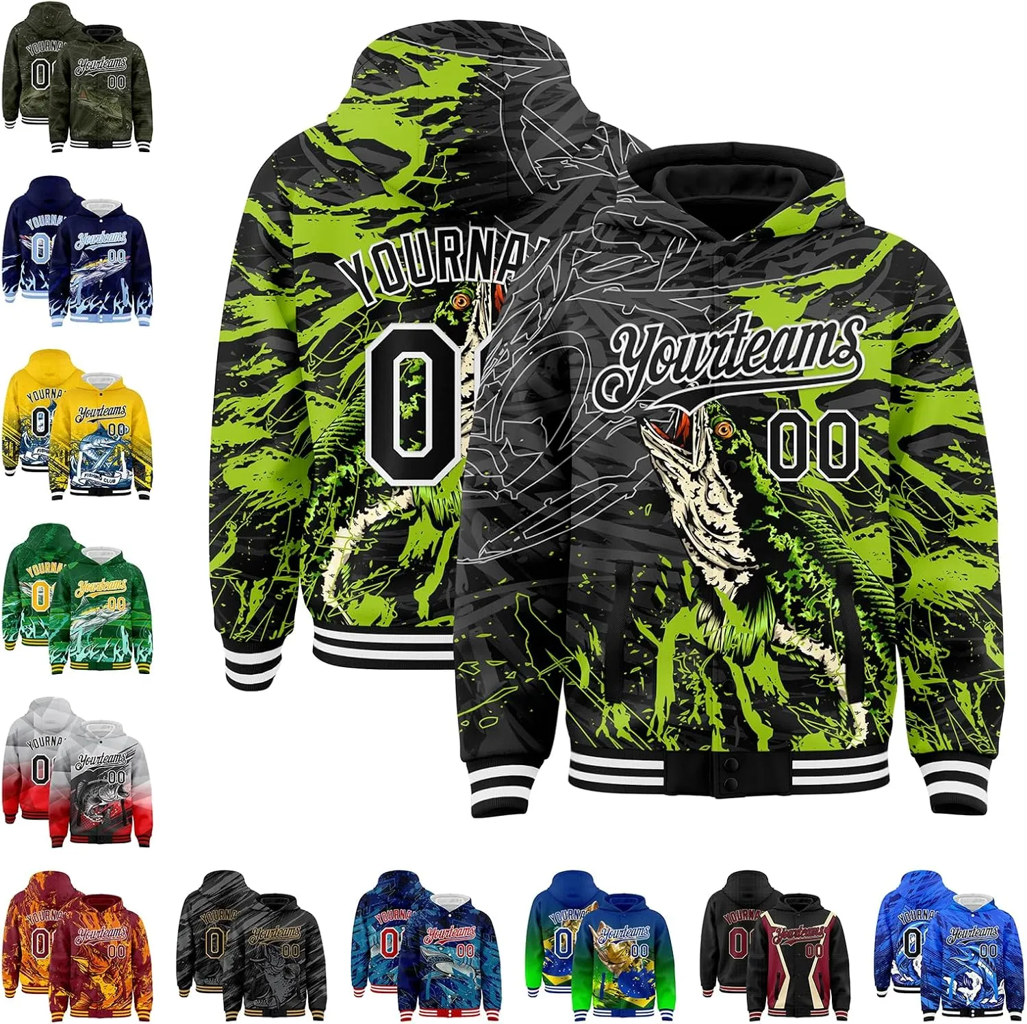 Custom Varsity Hooded Jacket Men Casual Graphic Baseball Letterman Bomber Coats with Stitched Name/Number/Logo