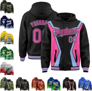 Custom Varsity Hooded Jacket Men Casual Graphic Baseball Letterman Bomber Coats with Stitched Name/Number/Logo