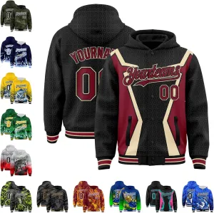 Custom Varsity Hooded Jacket Men Casual Graphic Baseball Letterman Bomber Coats with Stitched Name/Number/Logo