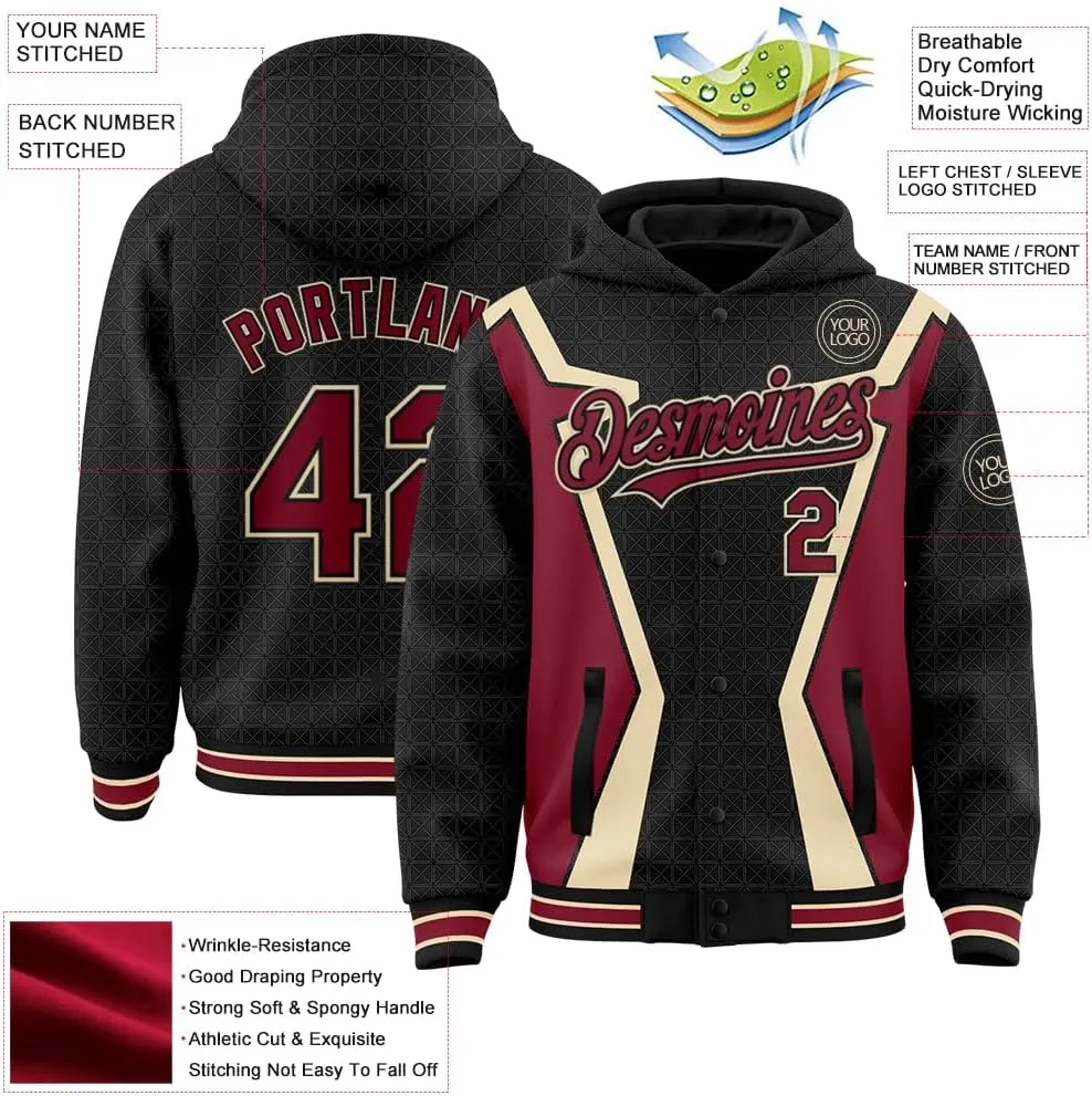 Custom Varsity Hooded Jacket Men Casual Graphic Baseball Letterman Bomber Coats with Stitched Name/Number/Logo