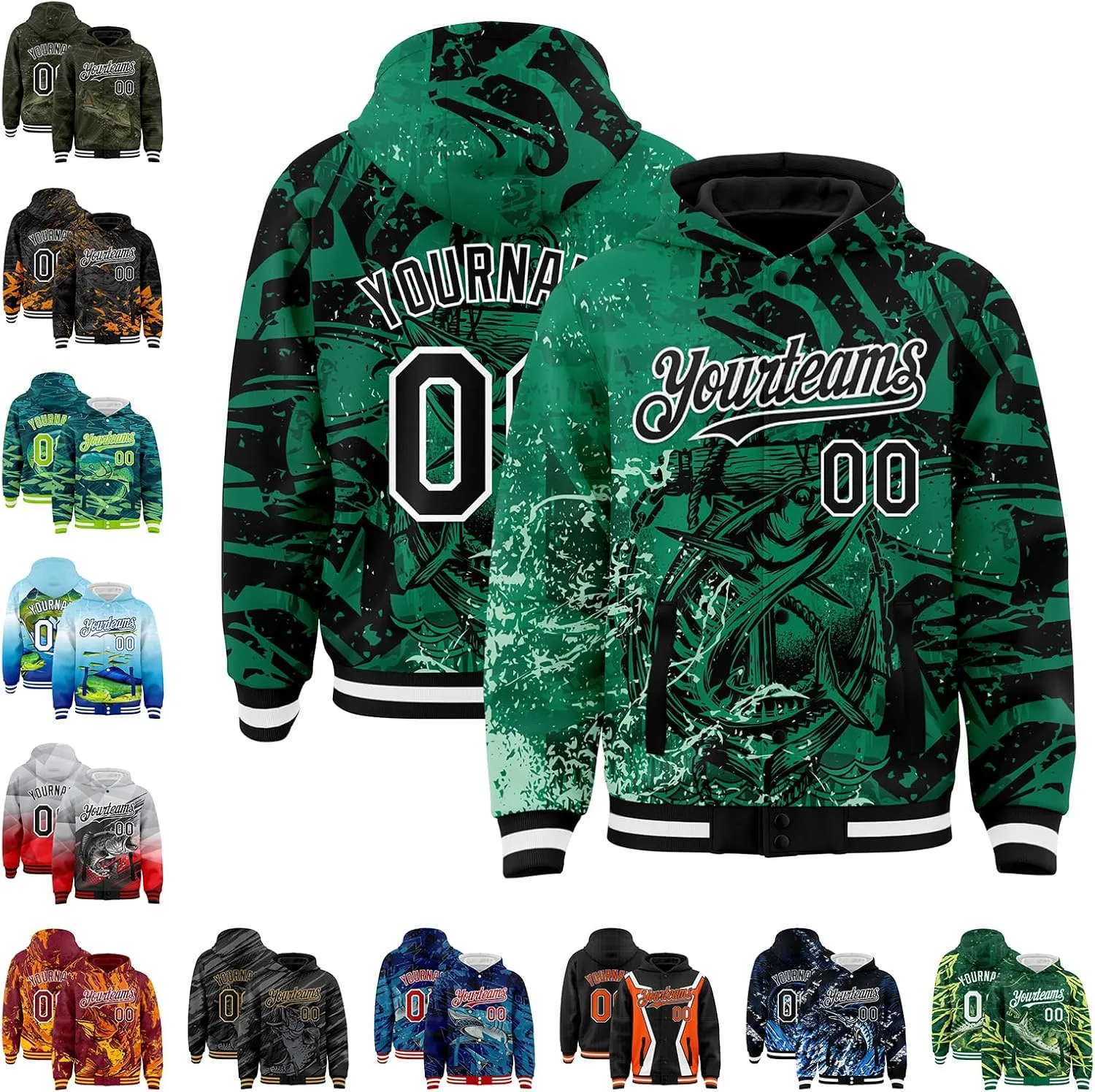 Custom Varsity Hooded Jacket Men Casual Graphic Baseball Letterman Bomber Coats with Stitched Name/Number/Logo