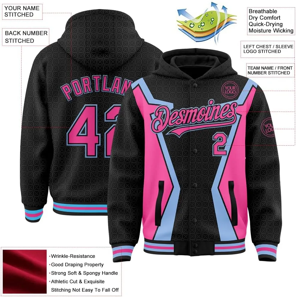Custom Varsity Hooded Jacket Men Casual Graphic Baseball Letterman Bomber Coats with Stitched Name/Number/Logo