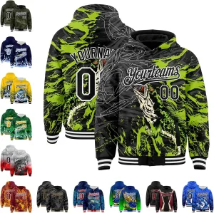 Custom Varsity Hooded Jacket Men Casual Graphic Baseball Letterman Bomber Coats with Stitched Name/Number/Logo