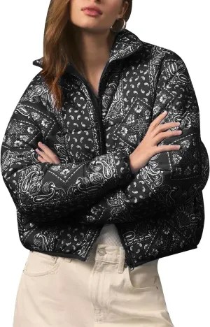 D-Sun Women's Cropped Puffer Quilted Jacket Floral Print Oversized Zip Puffer Jacket Open Front Coat Outerwear With Pockets