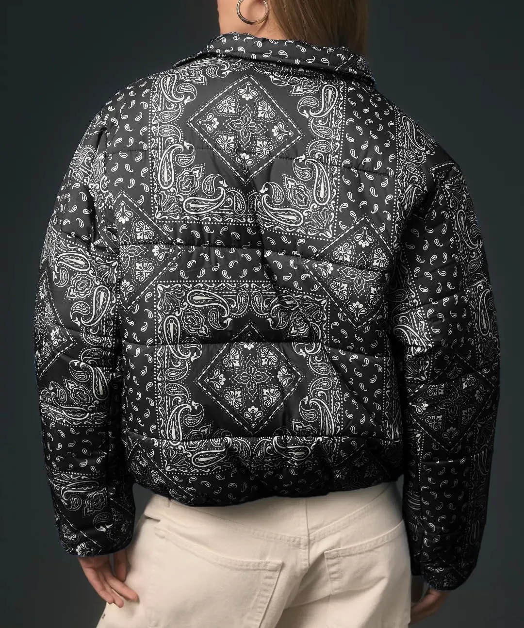 D-Sun Women's Cropped Puffer Quilted Jacket Floral Print Oversized Zip Puffer Jacket Open Front Coat Outerwear With Pockets