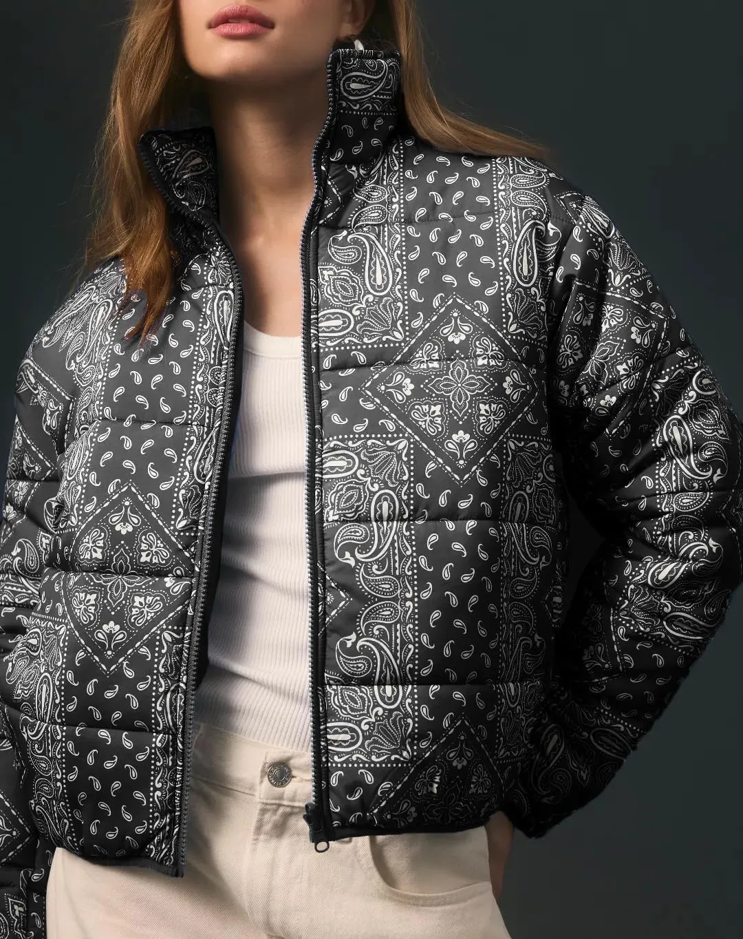 D-Sun Women's Cropped Puffer Quilted Jacket Floral Print Oversized Zip Puffer Jacket Open Front Coat Outerwear With Pockets