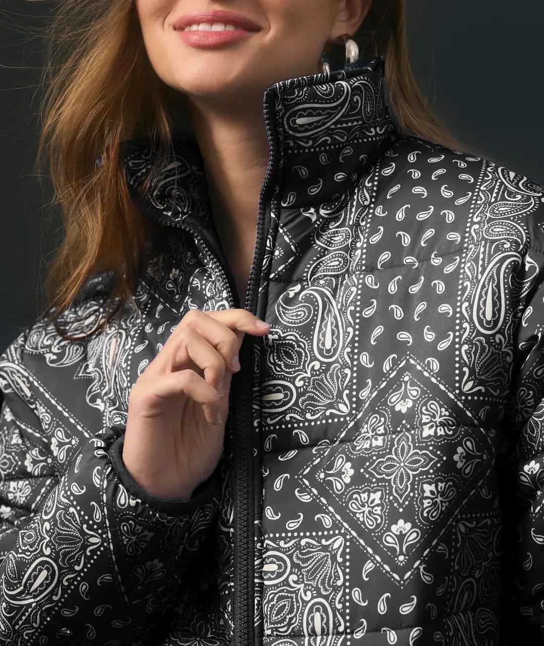 D-Sun Women's Cropped Puffer Quilted Jacket Floral Print Oversized Zip Puffer Jacket Open Front Coat Outerwear With Pockets