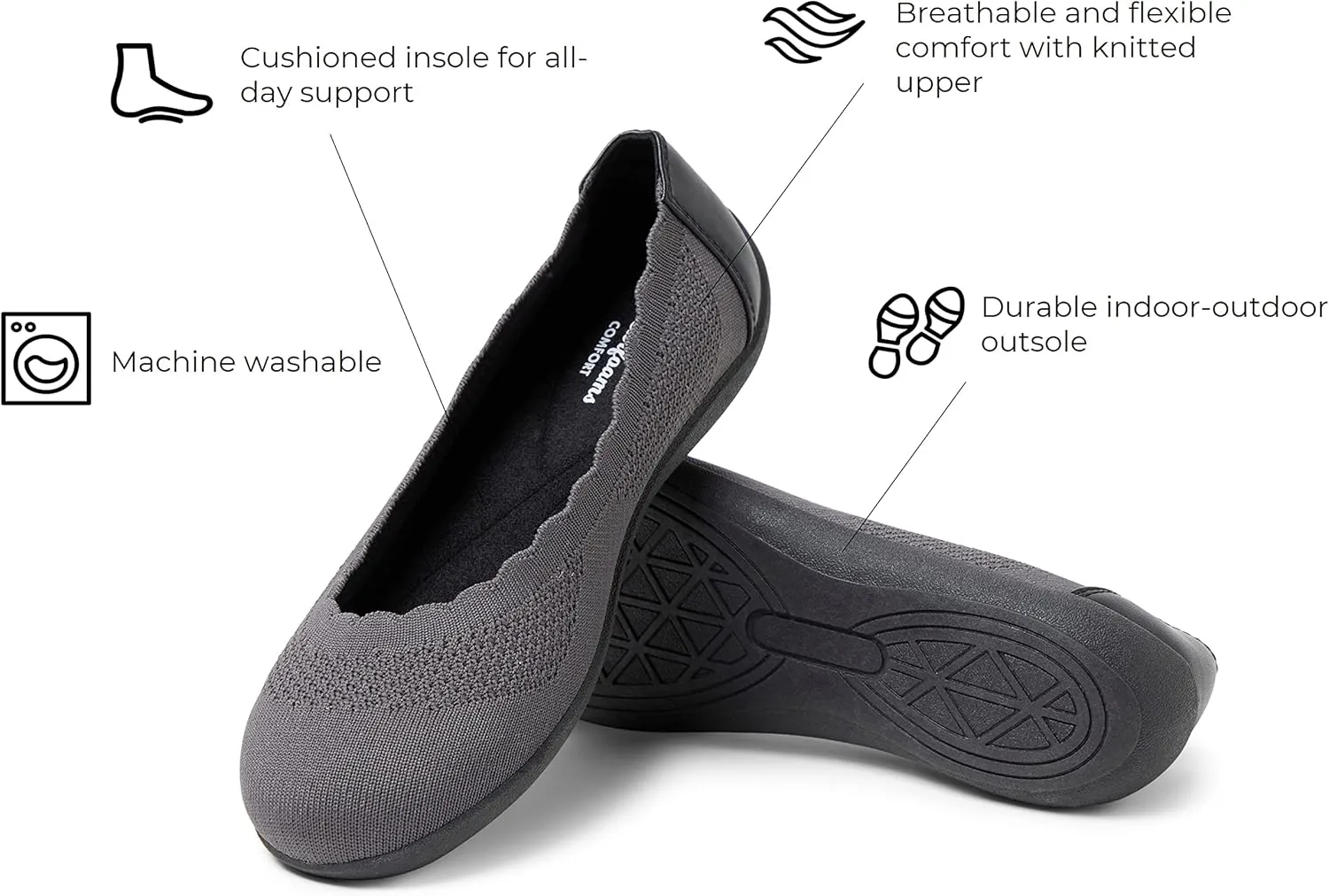 Dearfoams Women's Lightweight Washable Comfort Misty Ballet Flats