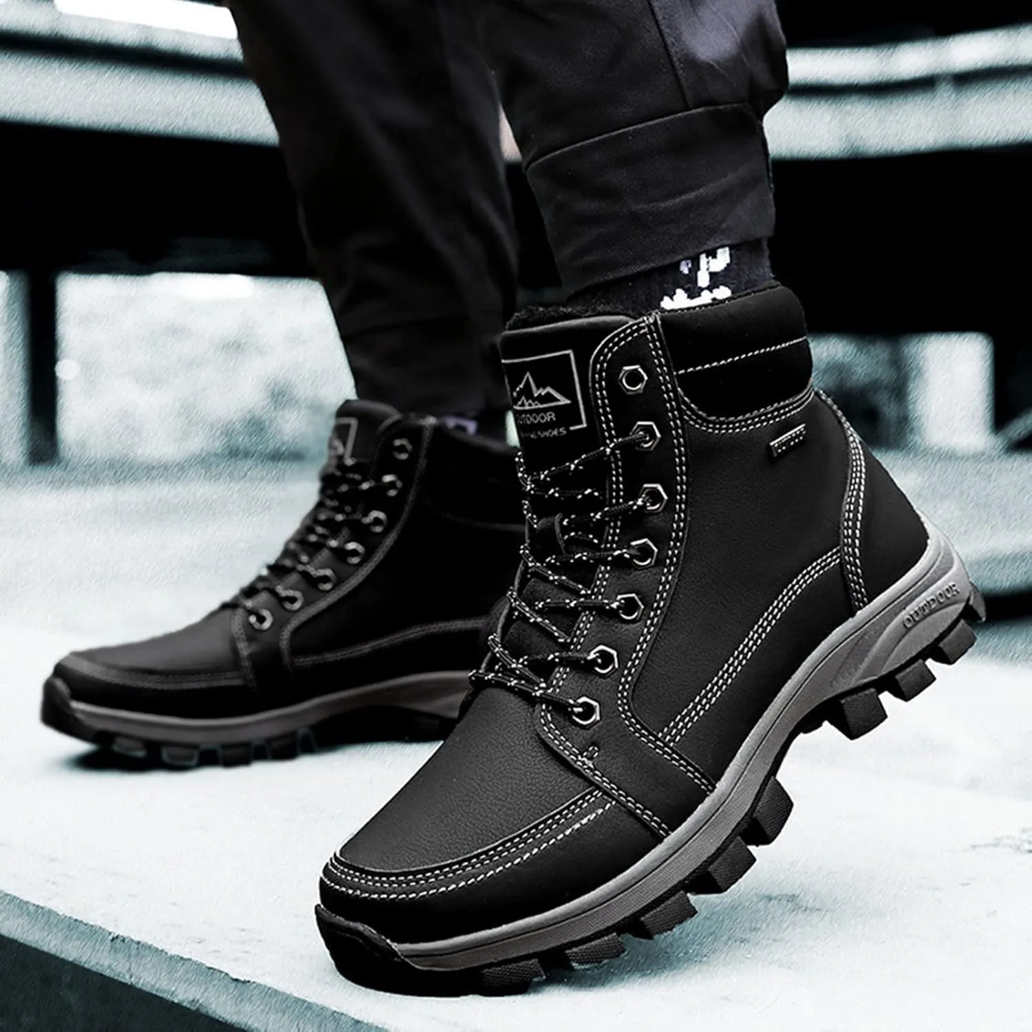DevilAngel Men's High Top Thermal hiking Shoes,Winter Fashion Leather Waterproof Outdoor Snow Boots?Snow Sports Warm Shoes.