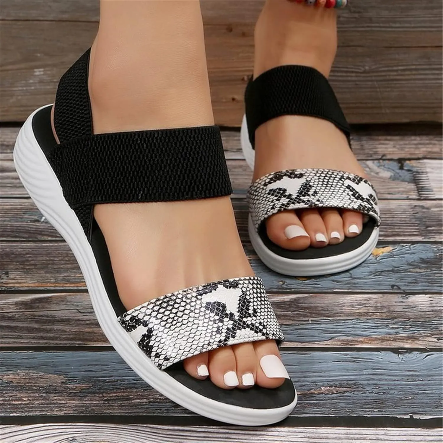 DOIX Womens Flats Sandals Snake Print Open Toe Loafer Walking Shoes Summer Elastic Knitting Ankle Strap Slip on Sandals Washable Slingback Orthopedic Slide Sport Sandals,Black,US12/EU43