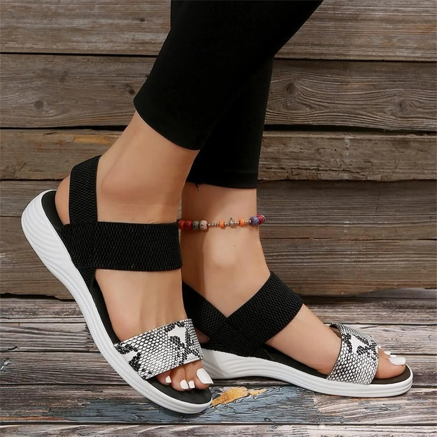 DOIX Womens Flats Sandals Snake Print Open Toe Loafer Walking Shoes Summer Elastic Knitting Ankle Strap Slip on Sandals Washable Slingback Orthopedic Slide Sport Sandals,Black,US12/EU43