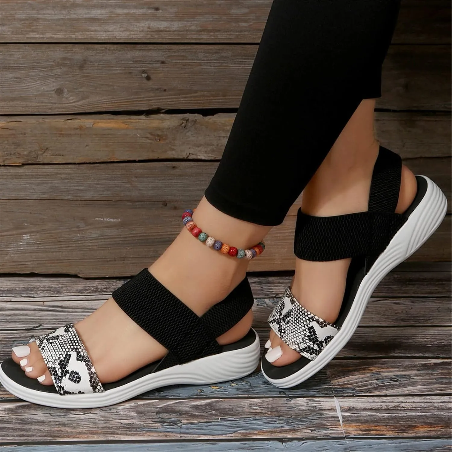 DOIX Womens Flats Sandals Snake Print Open Toe Loafer Walking Shoes Summer Elastic Knitting Ankle Strap Slip on Sandals Washable Slingback Orthopedic Slide Sport Sandals,Black,US12/EU43