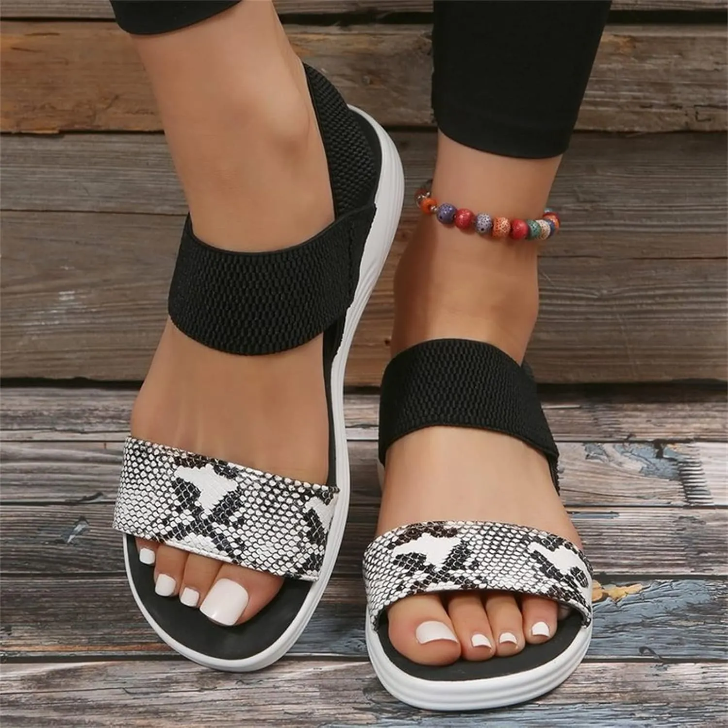 DOIX Womens Flats Sandals Snake Print Open Toe Loafer Walking Shoes Summer Elastic Knitting Ankle Strap Slip on Sandals Washable Slingback Orthopedic Slide Sport Sandals,Black,US12/EU43