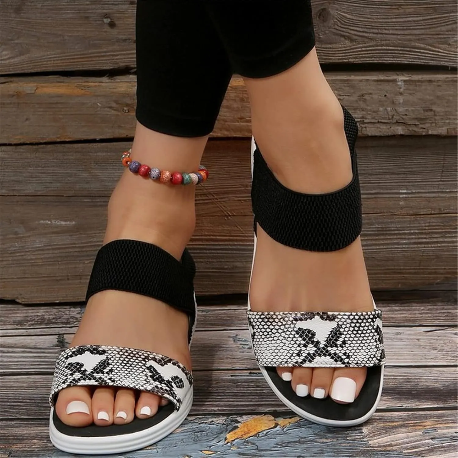 DOIX Womens Flats Sandals Snake Print Open Toe Loafer Walking Shoes Summer Elastic Knitting Ankle Strap Slip on Sandals Washable Slingback Orthopedic Slide Sport Sandals,Black,US12/EU43