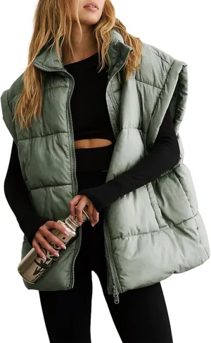 Dokotoo Women's Casual Winter Oversized Puffer Vest Stand Collar Flysleeve Insulated Padded Puffy Jackets Coat with Pockets