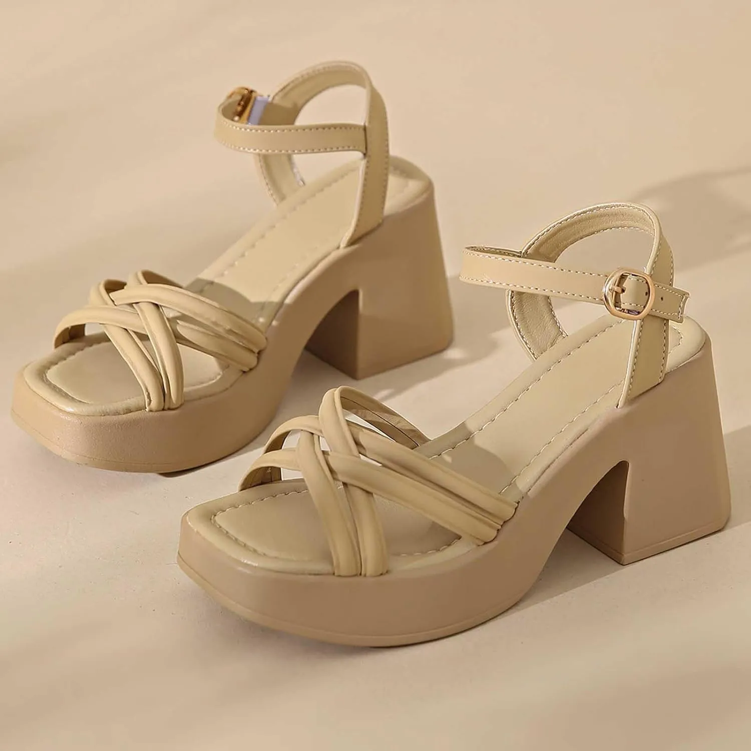 Dressy Sandals for Women Summer Cross Strap Chunky Heel Sandal Casual Solid High Heels Open Toe Shoes Daily