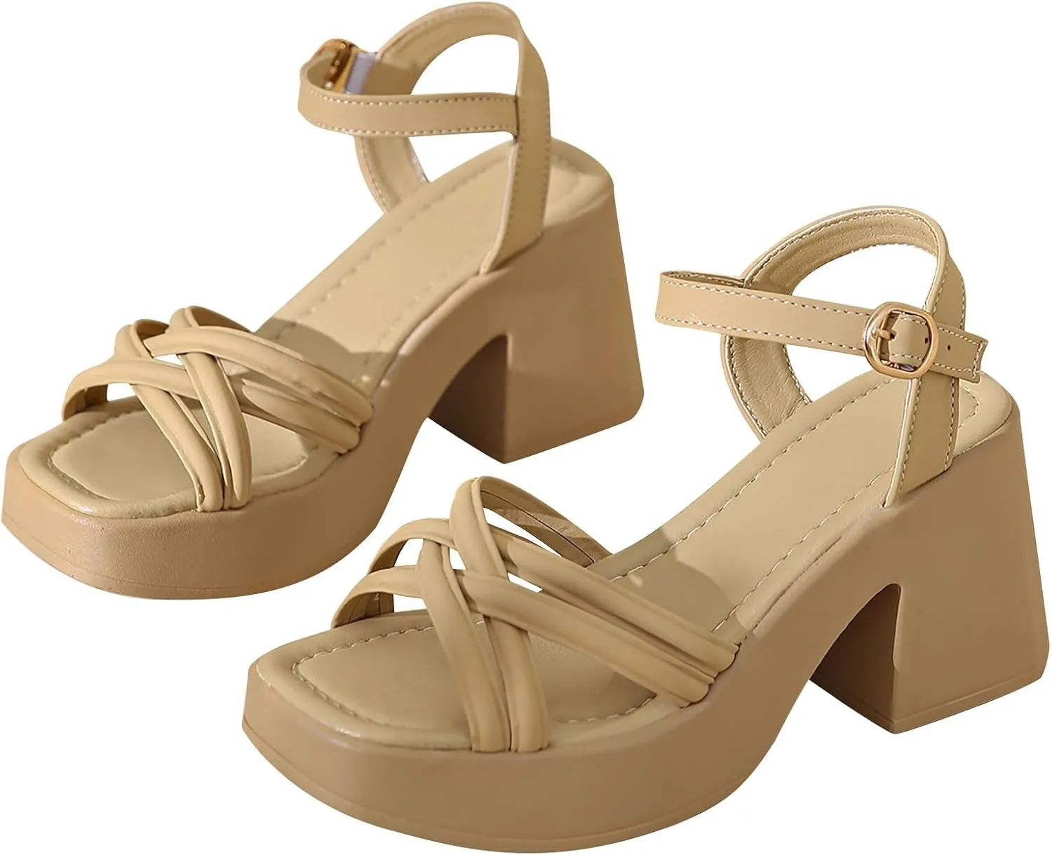 Dressy Sandals for Women Summer Cross Strap Chunky Heel Sandal Casual Solid High Heels Open Toe Shoes Daily