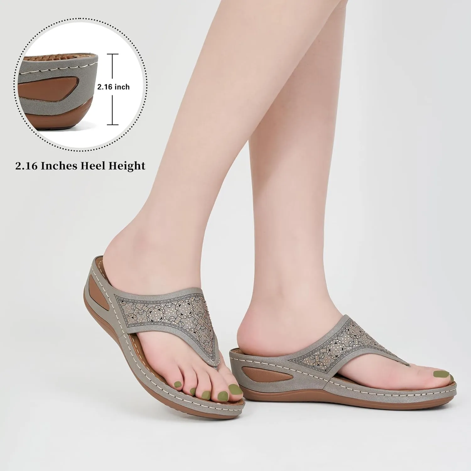 Ecetana Womens Sandals Dressy Wedge: Comfortable Summer Flip Flops Non Slip Rhinestone Platform Shoes Ladies Casual Beach Sandals for Women