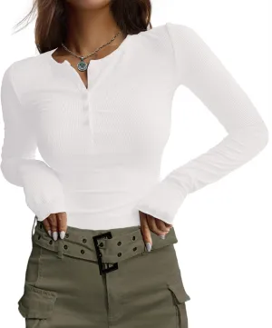 Ekouaer Women's Long Sleeve Henley Shirts Button Ribbed Knit Tops Basic Layering Slim Fit Soft Thermal Underwear Tops