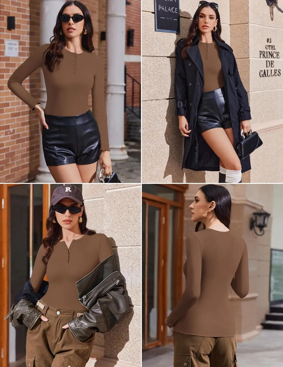 Ekouaer Women's Long Sleeve Henley Shirts Button Ribbed Knit Tops Basic Layering Slim Fit Soft Thermal Underwear Tops