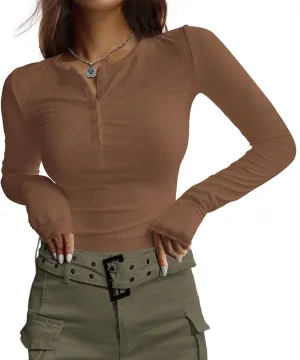 Ekouaer Women's Long Sleeve Henley Shirts Button Ribbed Knit Tops Basic Layering Slim Fit Soft Thermal Underwear Tops
