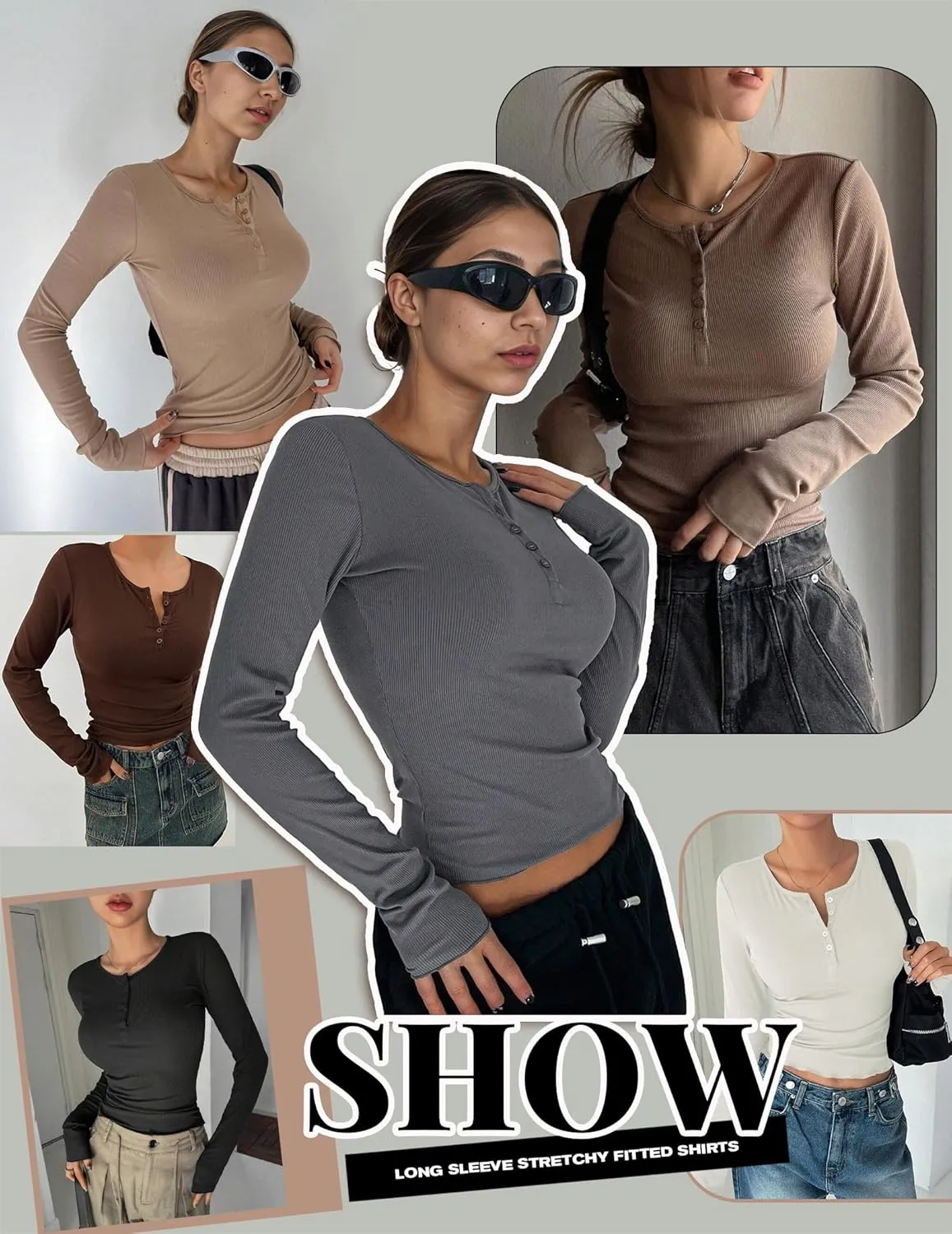 Ekouaer Women's Long Sleeve Henley Shirts Button Ribbed Knit Tops Basic Layering Slim Fit Soft Thermal Underwear Tops