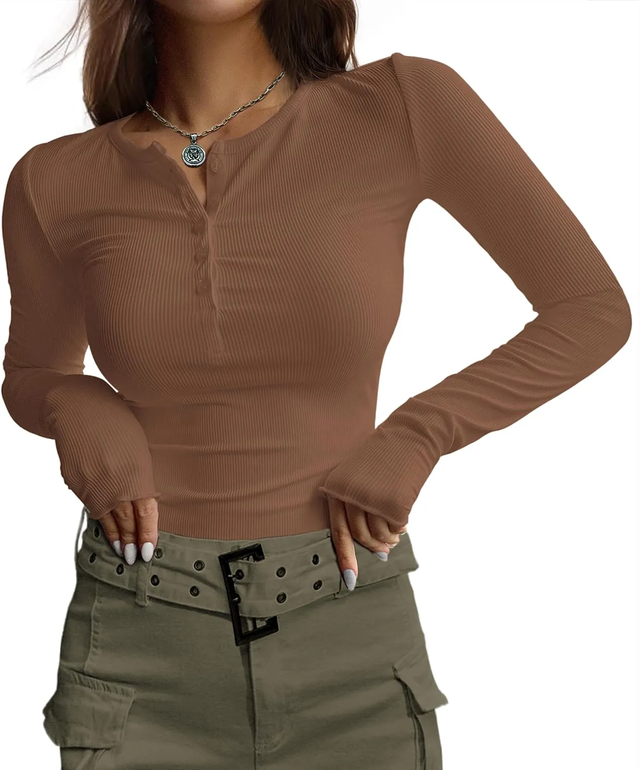Ekouaer Women's Long Sleeve Henley Shirts Button Ribbed Knit Tops Basic Layering Slim Fit Soft Thermal Underwear Tops