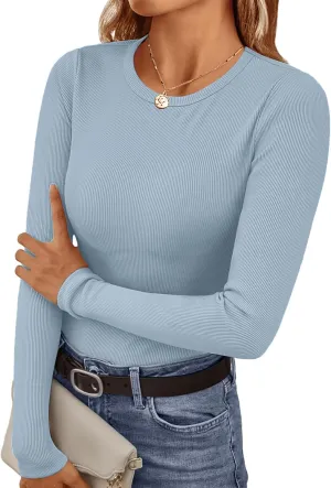 Ekouaer Womens Long Sleeve Shirts Crew Neck Stretchy Fitted Ribbed Tops Basic Base Layer Soft Thermal Undershirts Tee