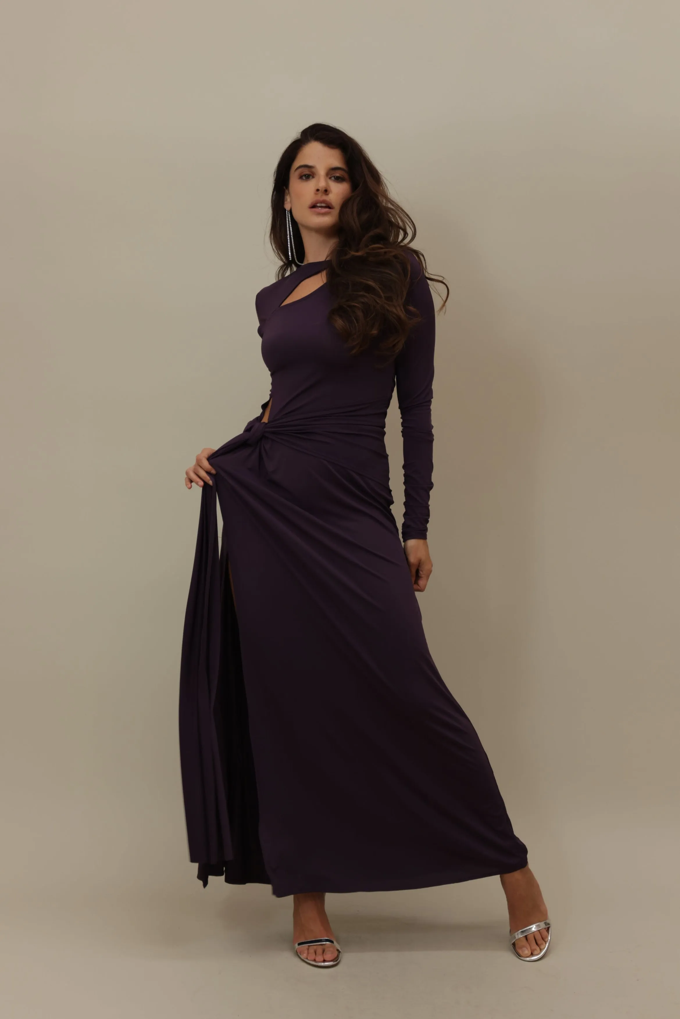 Elegant Deep Purple Cut-Out Gown with Ruched Detailing